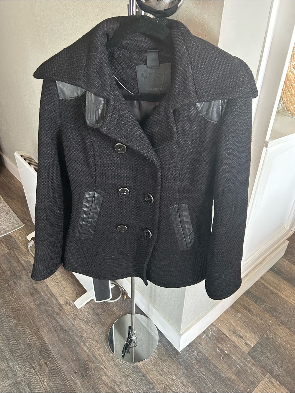 Mackage Black Textured Wool Peacoat with Leather Trim